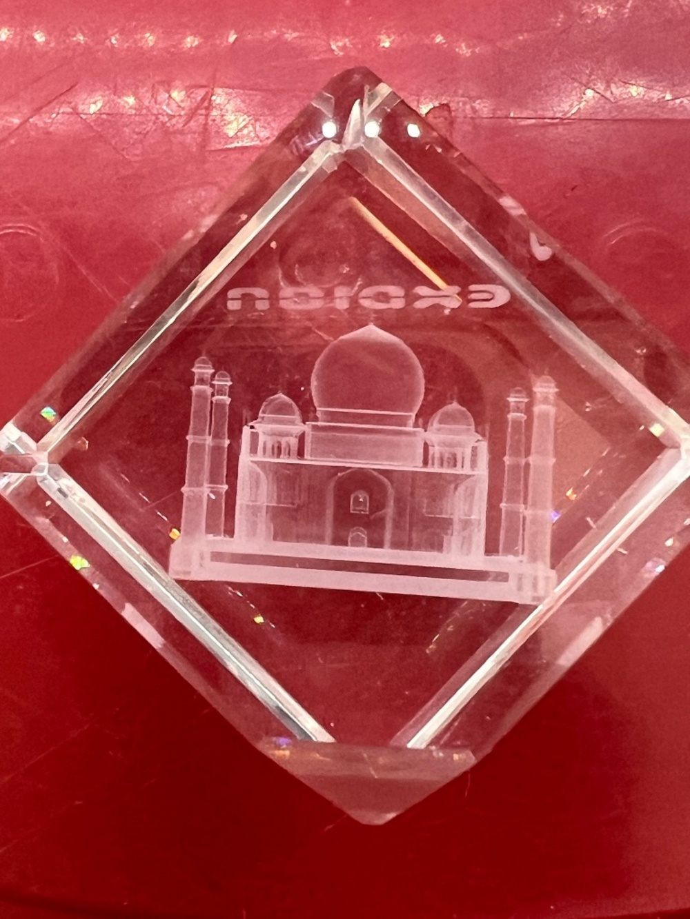 An EXPION branded diamond-shaped 3D laser-etched Taj Mahal crystal paperweight - Picture 2 of 8
